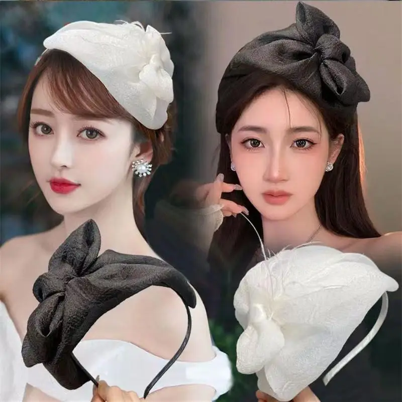 Elegant Birdcage Ivory Black Bow Headband Retro Brides Fascinator Hat Hair Jewelry Wedding Party Dress Hair Accessories