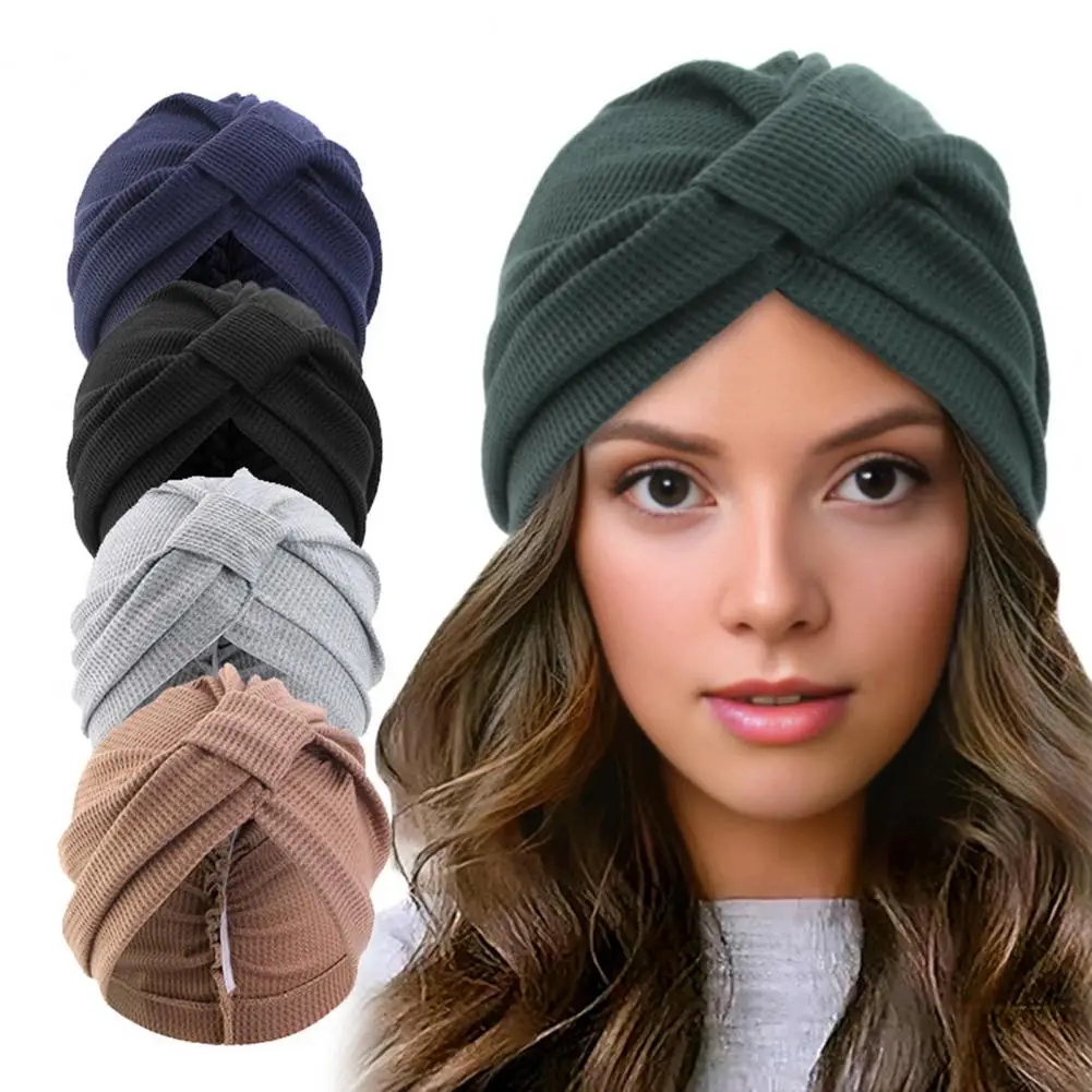 Turban Hat Solid Color Elastic Knotted Design Head Wrap Thickened Waffle Texture India Ethnic Style Turban Hat Headwear Cap 모자