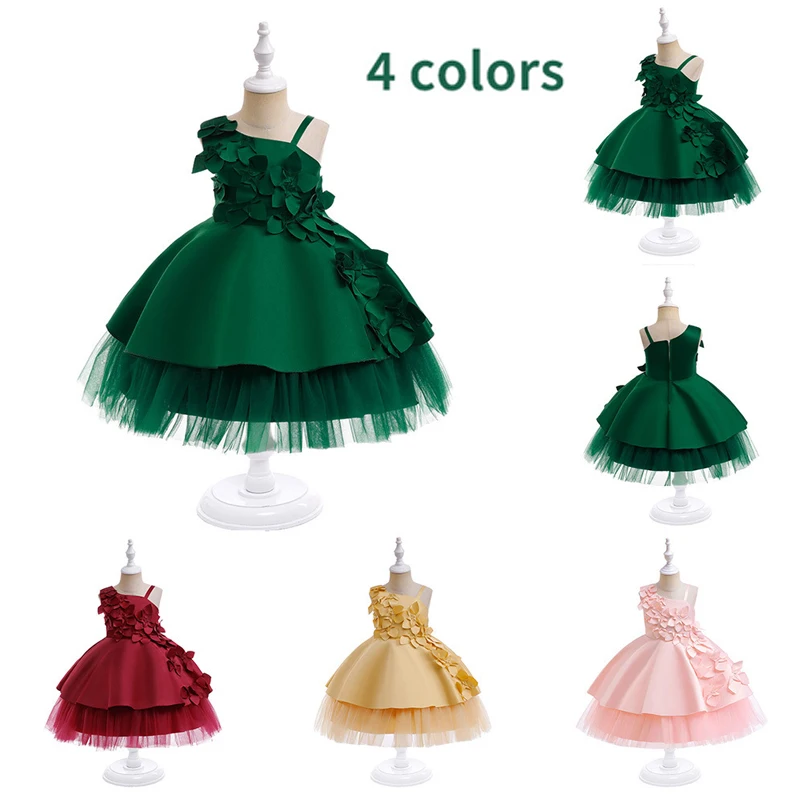 

Floral Princess Dres One shoulder Sling Embroidered Flower Girl Costume Elegant Birthday Wedding Party Ball Gown Prom Vestidos