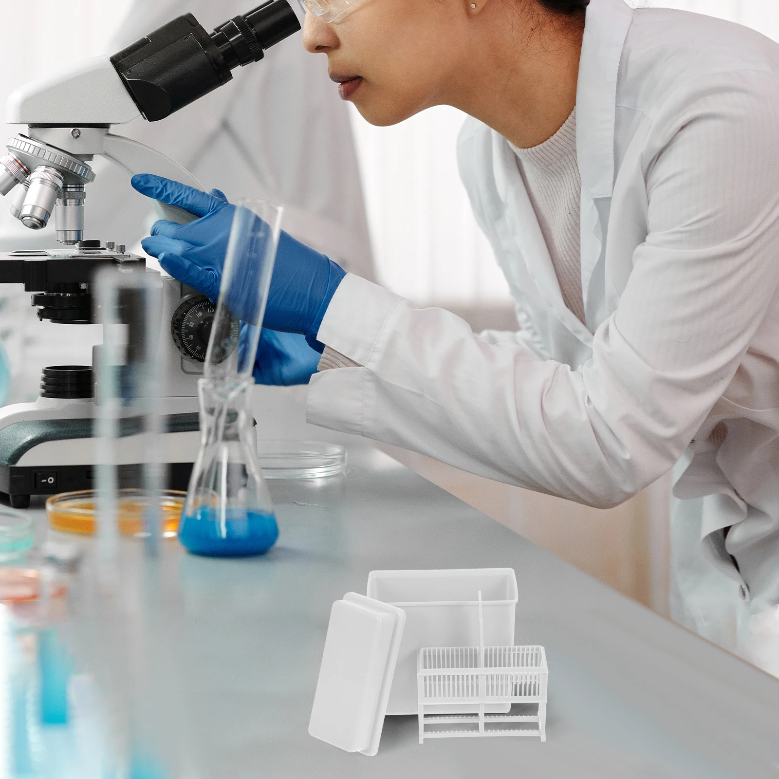 

2 Sets Microscope Slide Staining Jar Rack Lab Holder Drying Stand Drain Tank StorageBracket Tissue Sample Repair Box Glass Plate