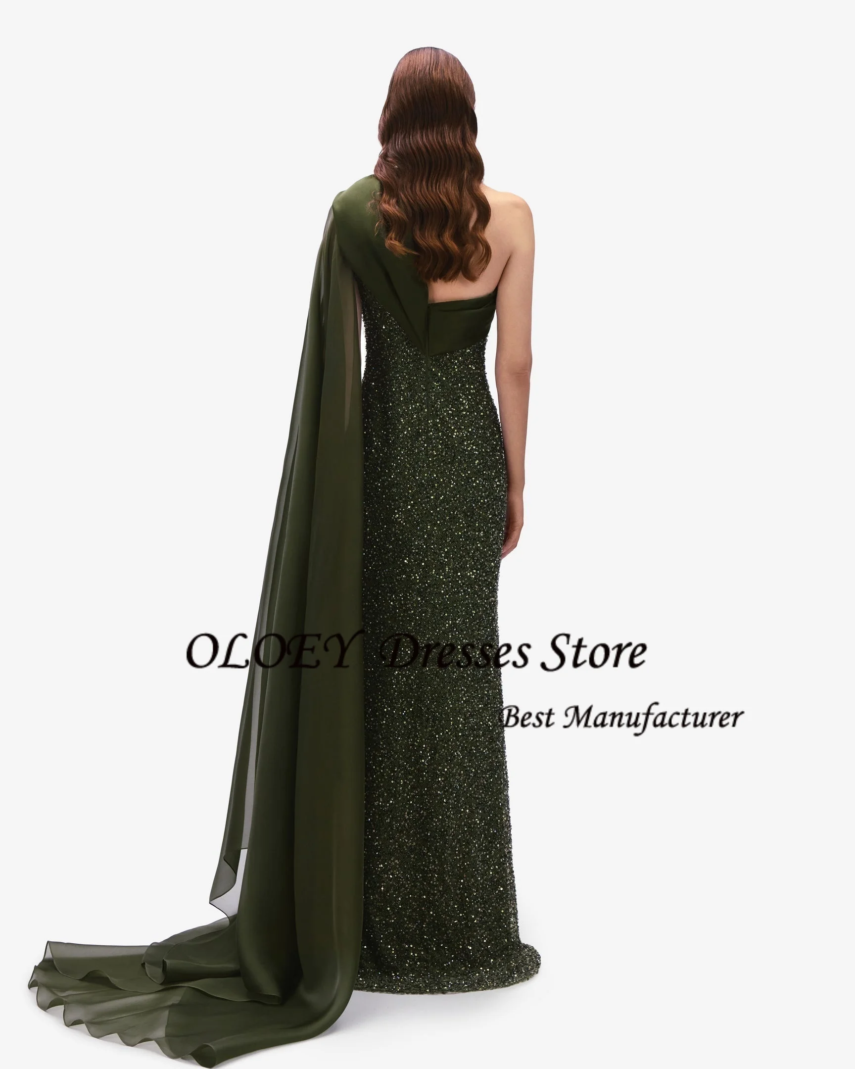 فساتين سهرة خضراء متواضعة من OLOEY بكتف واحد ماكسي ترتر للنساء لحفلات الزفاف حورية البحر حسب الطلب