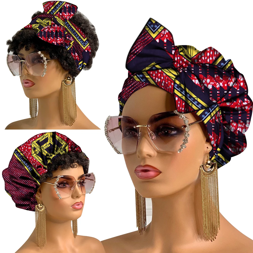 African Turban Cap with Ties African Material Cotton Two Pieces Set Ankara Bonnet and Headwrap Women Hair Accessories Wyb798 - view 6