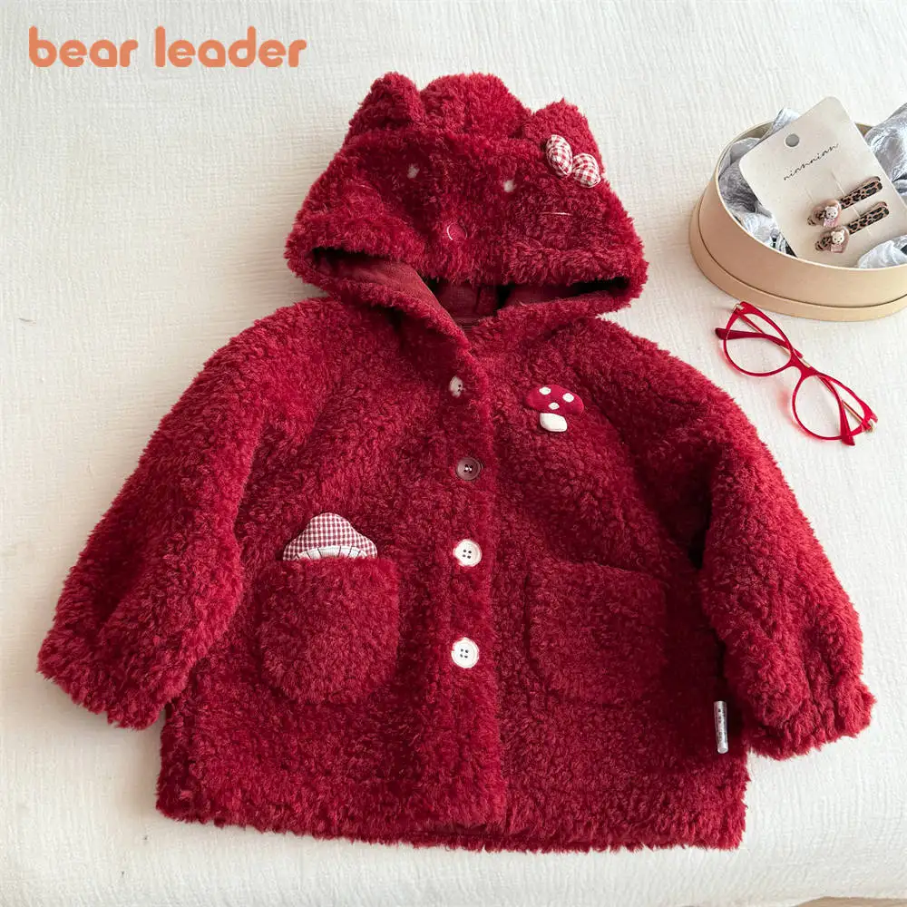 

Красное новогоднее и рождественское пальто с бантом и грибами для девочек, осень/зима 2022, детские флисовые толстовки с капюшоном