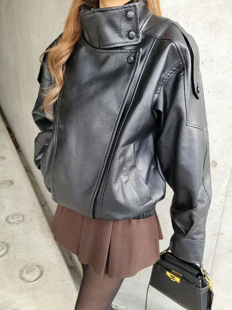 AliExpress HTTEM Vintage Faux Leather Bike Jacket Women Autumn Winter Standup Collar Long Sleeve Thick Lady Coat 2026 Fashion Motorcycle Outwear