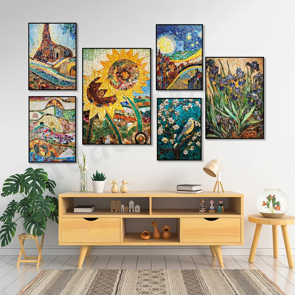 Antoni Gaudi mosaic canvas abstract poster, birds, abstract landscape, almond blossoms, sunflowers, irises, expressionist art