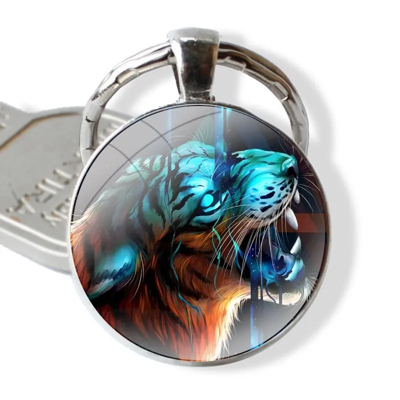 Keychain Handmade Glass Cabochon Key Ring Holder Pendant Key Chains tiger Panther Lion