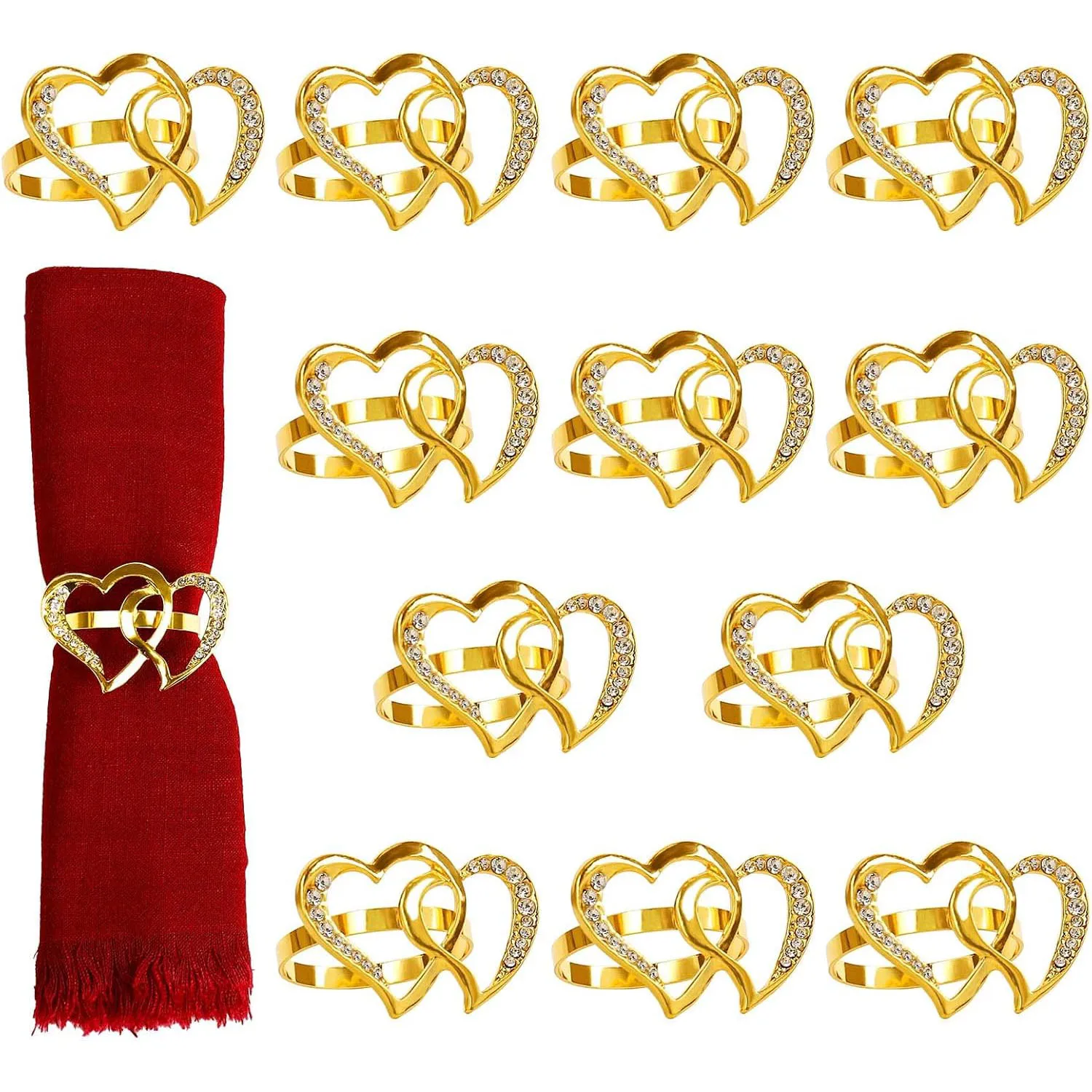 Heart Napkin Rings Set, Double Gold Heart with Bling Rhinestones,Romance and Elegance on Your Dining Valentine's Day Decoration