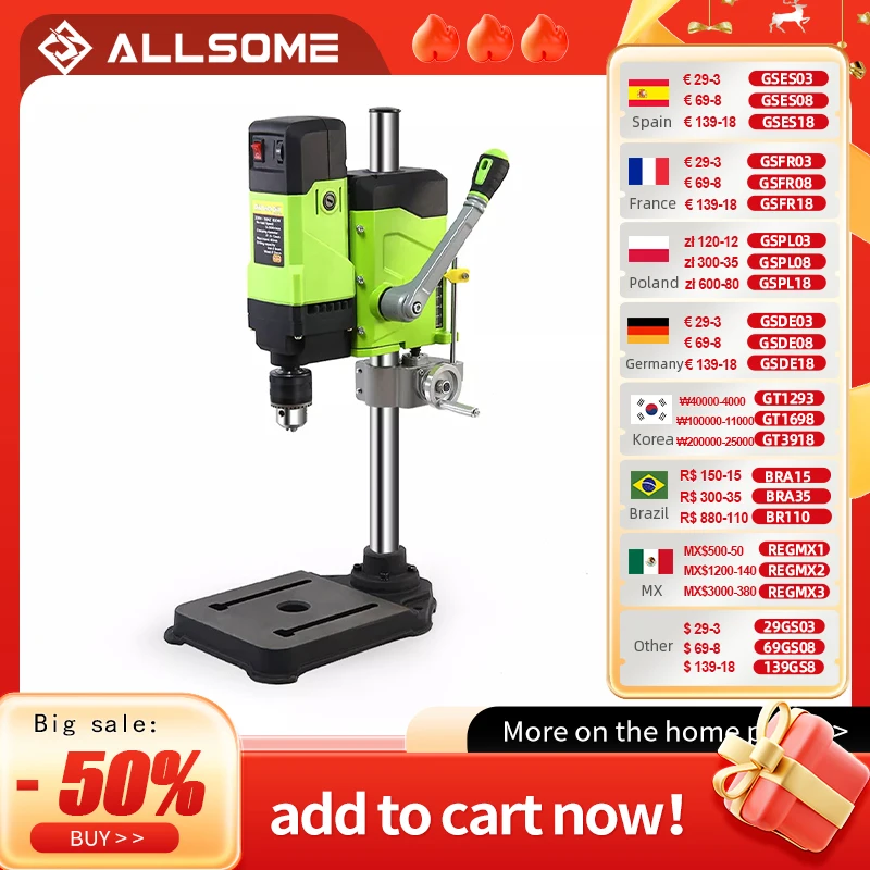 ALLSOME BG-5167 Bench Drill Press,Variable Speed Benchtop Drill Machine,6-Speed,Green