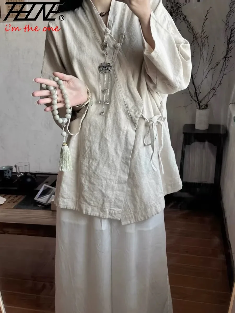 Women's Lace-Up Vintage Long Sleeve Blouse in Cotton Linen