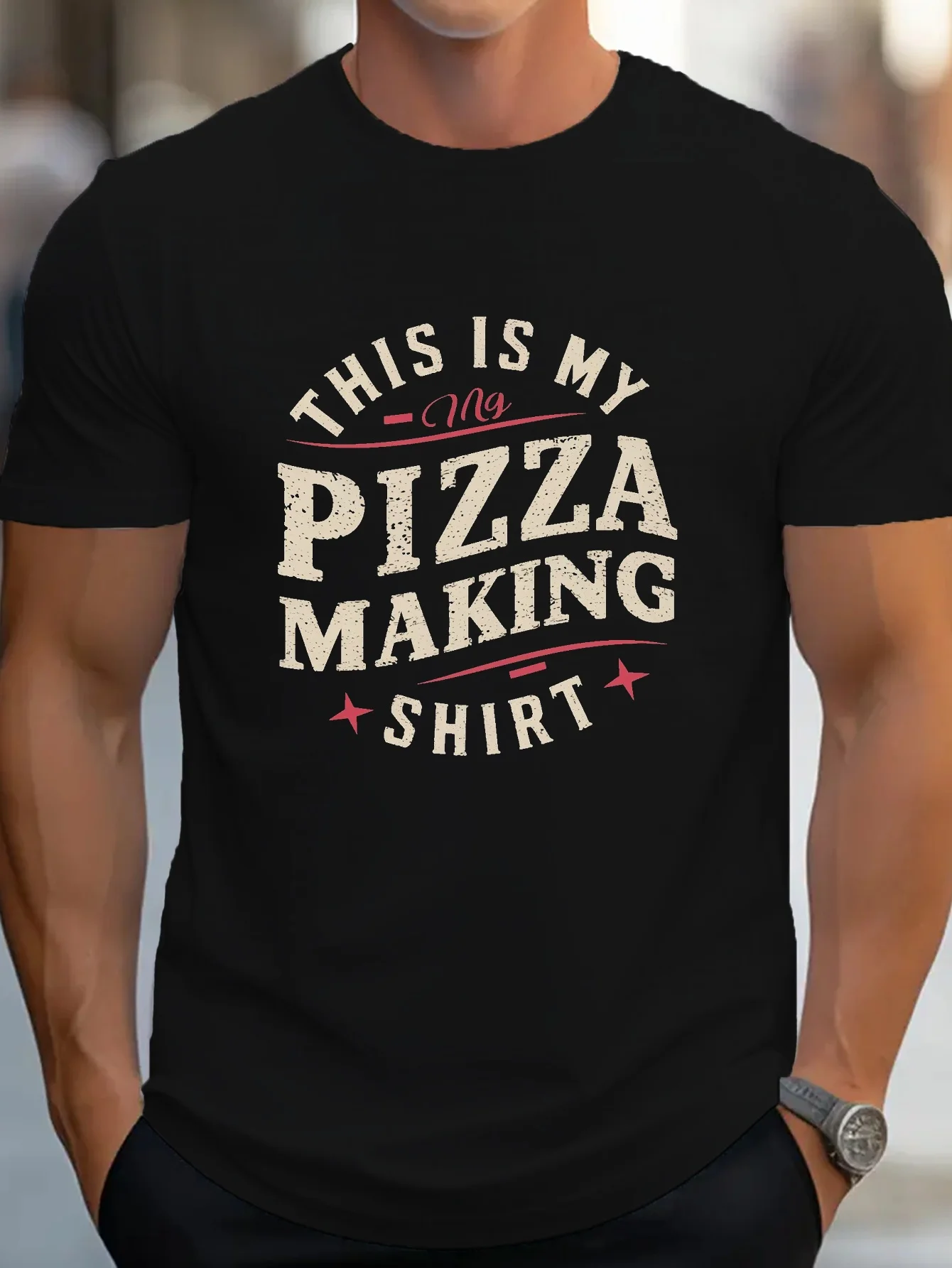 تي شيرت رجالي "This Is My Pizza Making Shirt" - كاجوال برقبة دائرية، كم قصير، بوليستر 100%