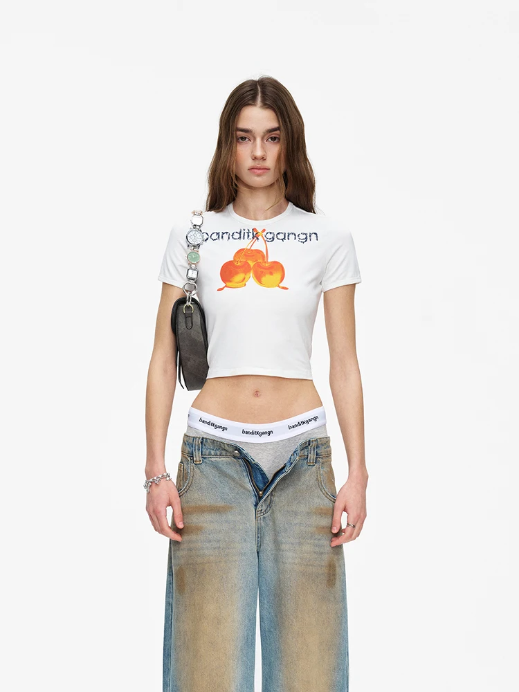 

Женская футболка с круглым вырезом и принтом Love Cherry, приталенная, летняя, новая, повседневная, креативная, из смесового хлопка