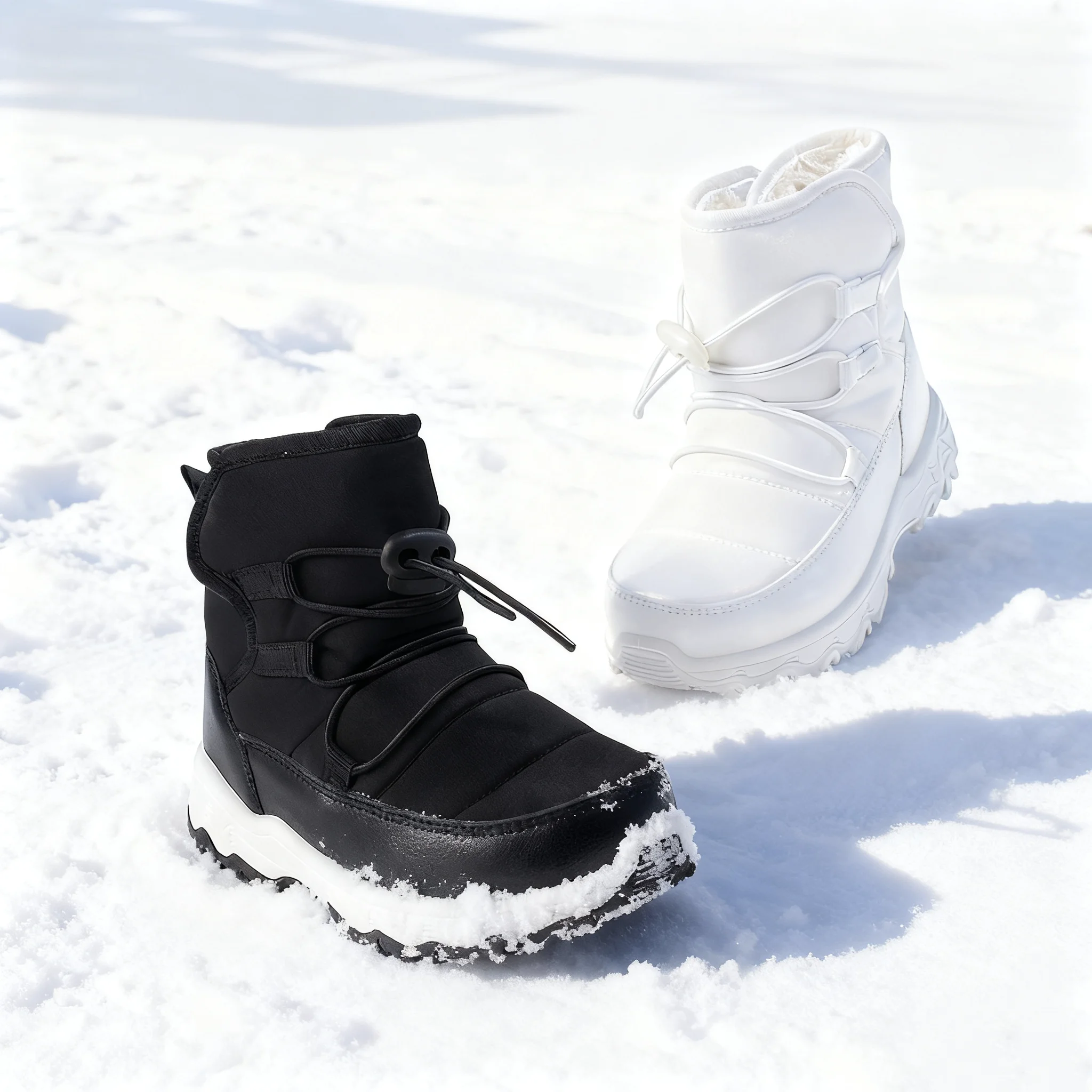 Winter Waterproof Down Fabric High Tube Snow Boots with Fleece Lining, Thick Sole, Outdoor Cold-Resistant, Versatile Black and W