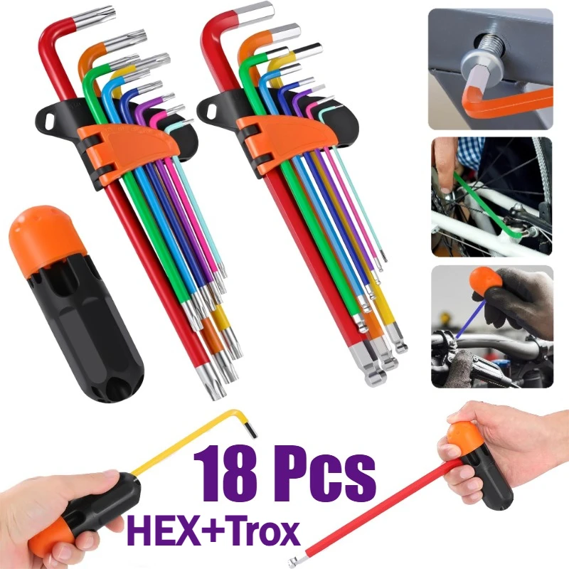 18pcs Hex Key Set with T Handle Long Arm Metric Allen Wrench 1.5mm-10mm Ball End and Torx Wrench T10-T50 for Bike Home Repair