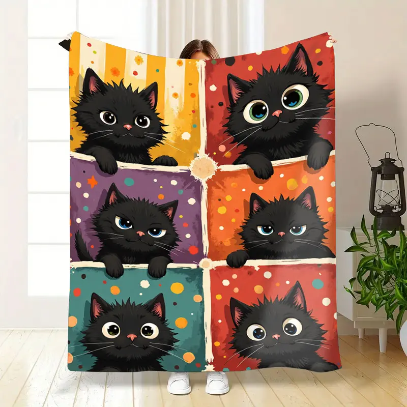 1pc Flannel Blanket Cute Black Cat Print Soft Blanket for Cozy Home Decor