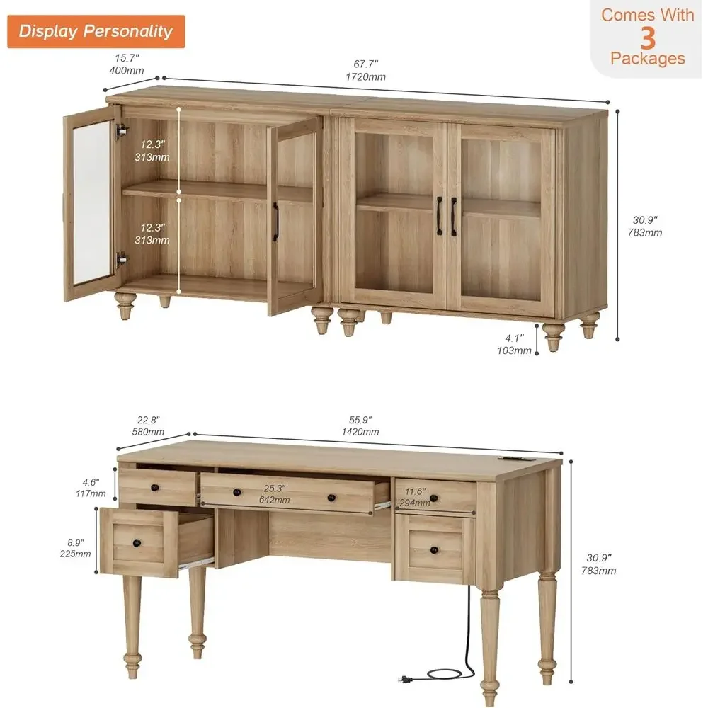 Special OfferHome Oice Urniture Set, 56'' Executive Desk With Charging Station, 2-in-1 Cabinet With Glass Do, Wood Computer Desk