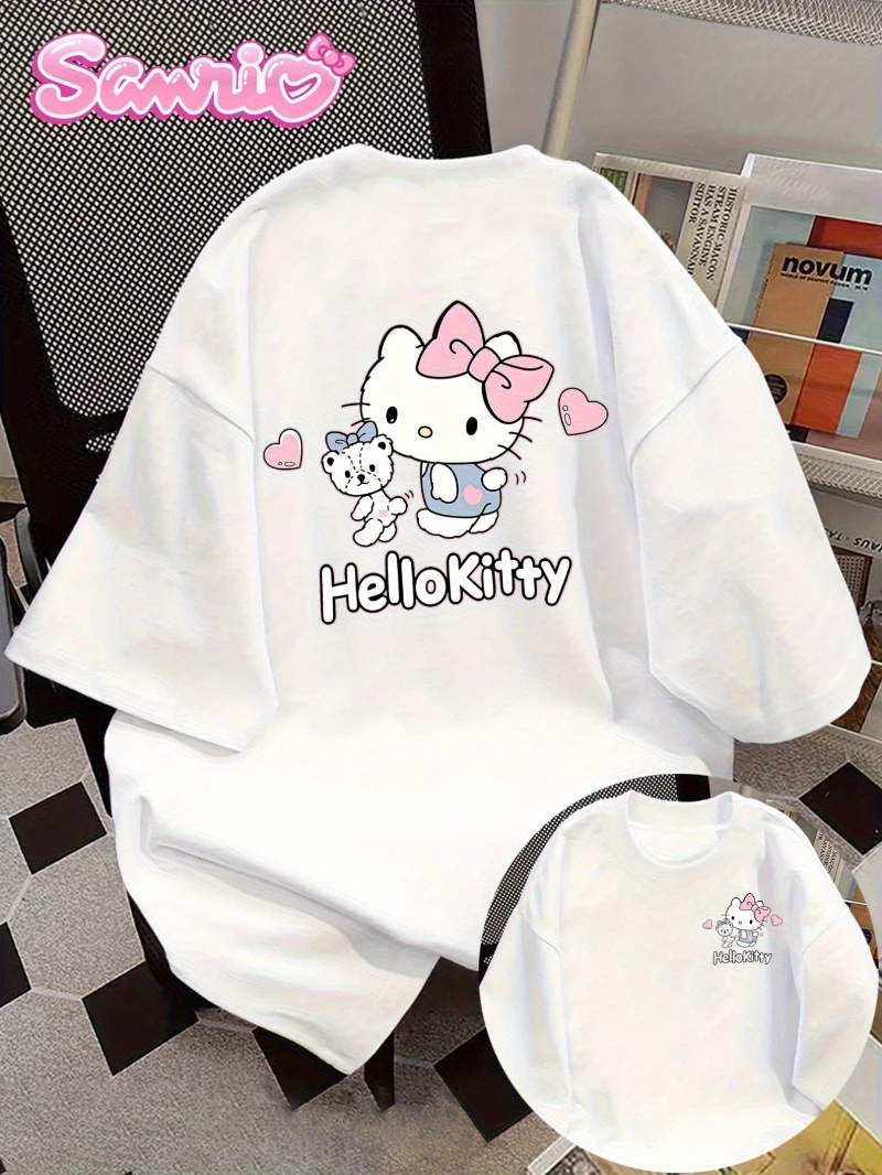 

Повседневная футболка Sanrio Hello Kitty с милым мультяшным принтом Hello Kitty, круглым вырезом и цветочным принтом, мягкий топ из чистого хлопка с длинными рукавами