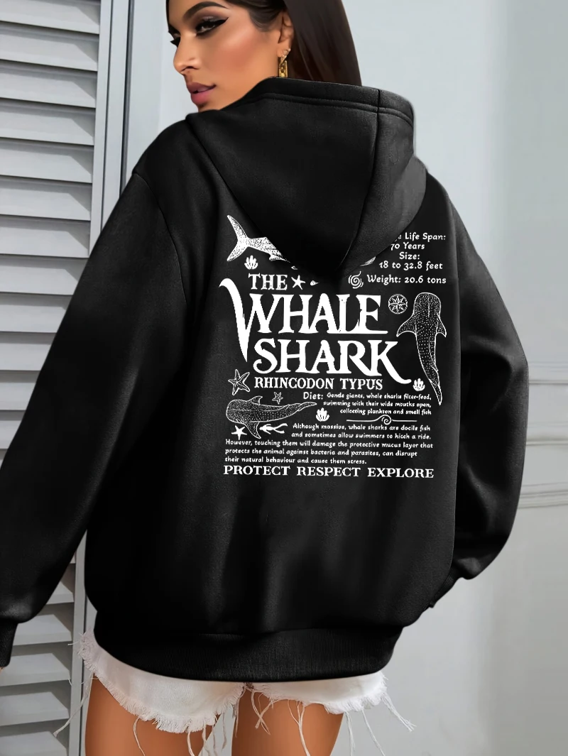 Kreativer Walhai mit Buchstaben-Print, Damen-Streetwear, weiche, trendige Kapuzenpullover, einfarbige, warme Kleidung, lockerer Hip-Hop-Hoodie. – Detail 10