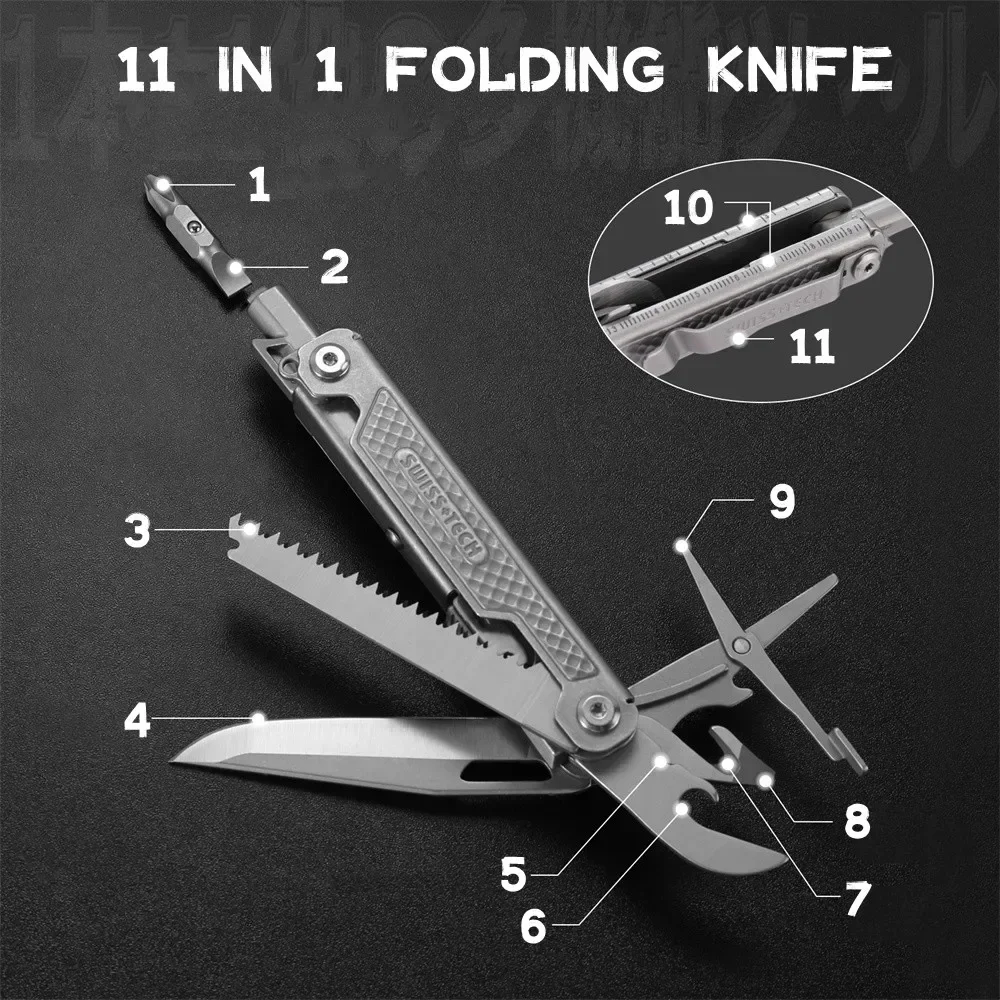 SWISS TECH 11 in 1 Mini Multitool Folding Knife EDC Outdoor Pocket Portable Knife Outdoor Camping Survival Hand Tools