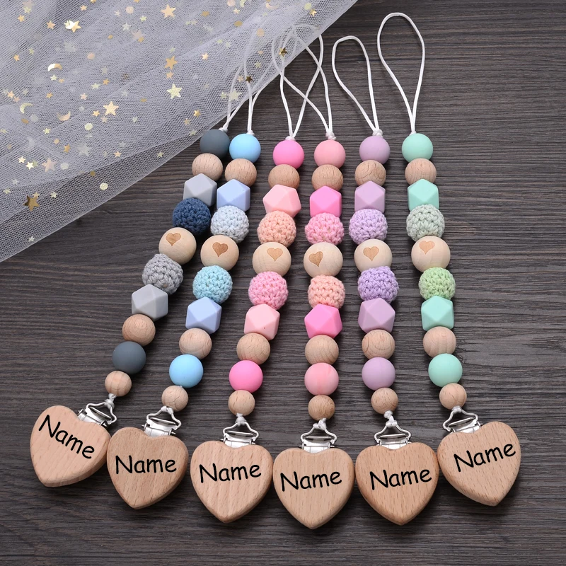 Personalized Baby Pacifier Clip Custom Name Silicone Bead Nipple Dummy Clips Engraved Infant Wood Pacifier Holder Newborn Gift