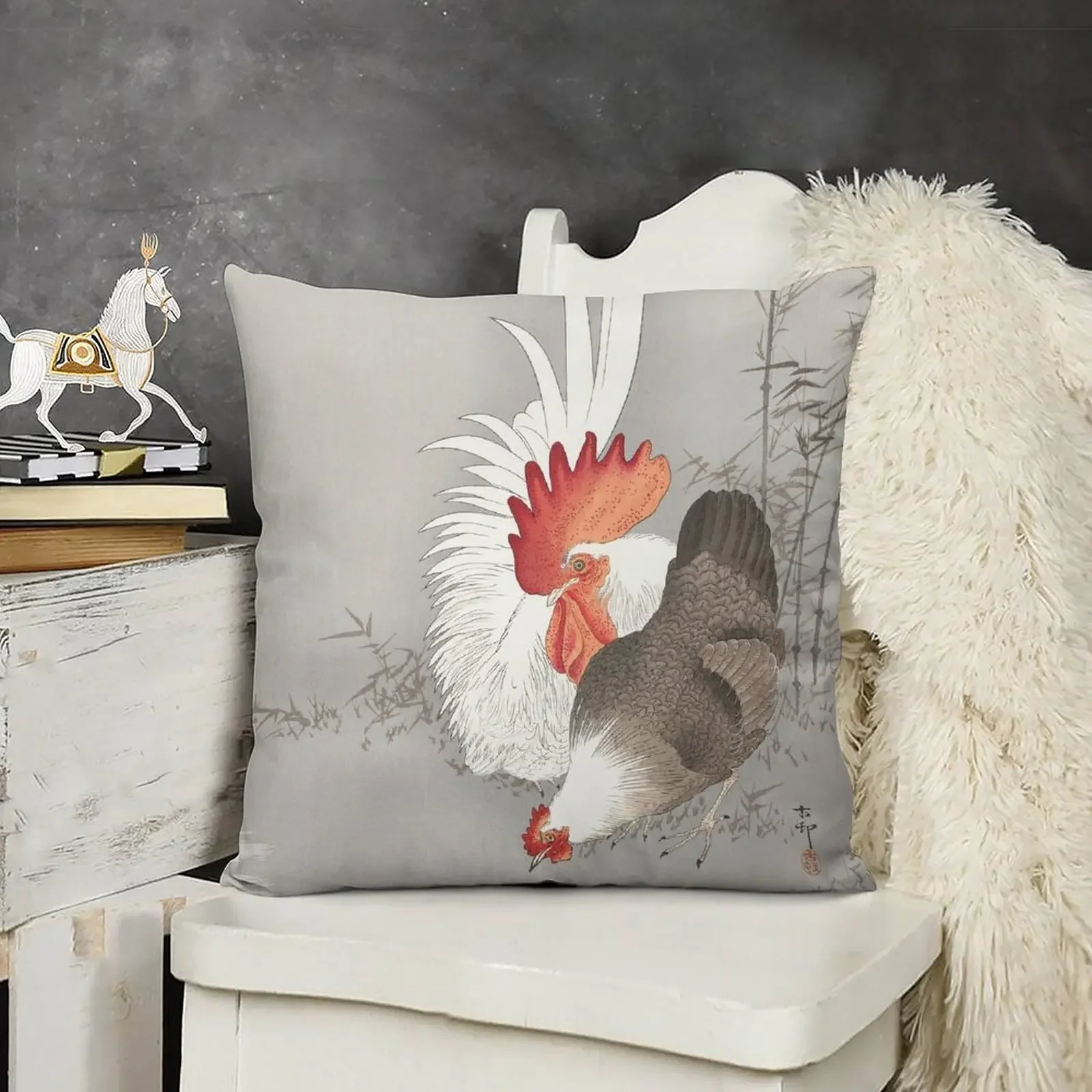 Japanese Painting of Rooster and chicken,Vintage Rooster and chicken Painting,Vintage Watercolor Painting of Bird, Throw Pillow