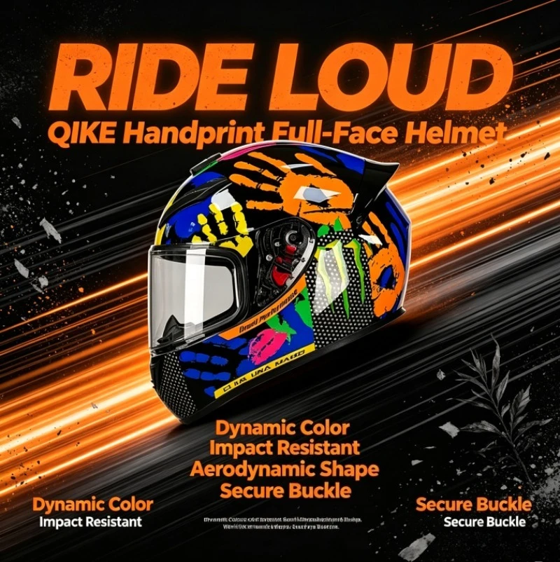 QIKE Vibrant Palm Graffiti Full Face Motorcycle Helmet with Integrated Bluetooth Unisex DOT Shockproof Protective Riding Helmet