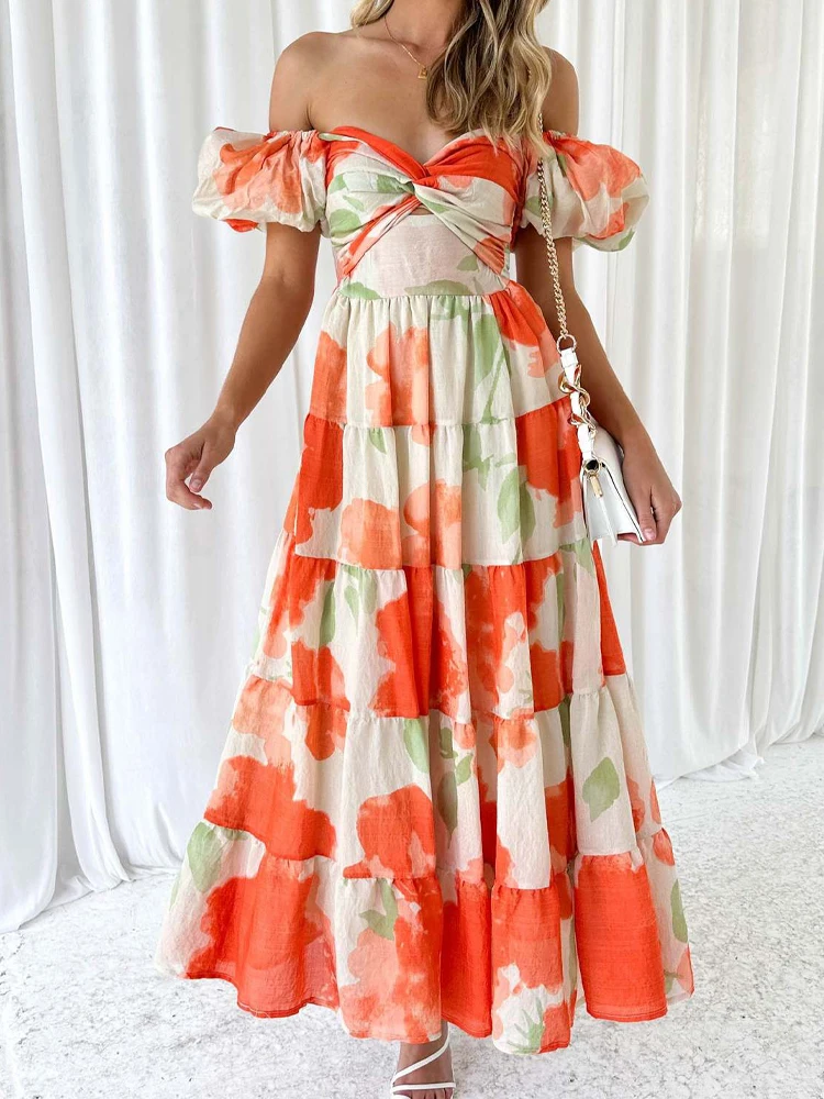 

Off Shoulder Long Dresses Women Summer Beach Maxi Dress Female Vintage Floral Print Dress Ladies Casual Puff Sleeve Vestidos