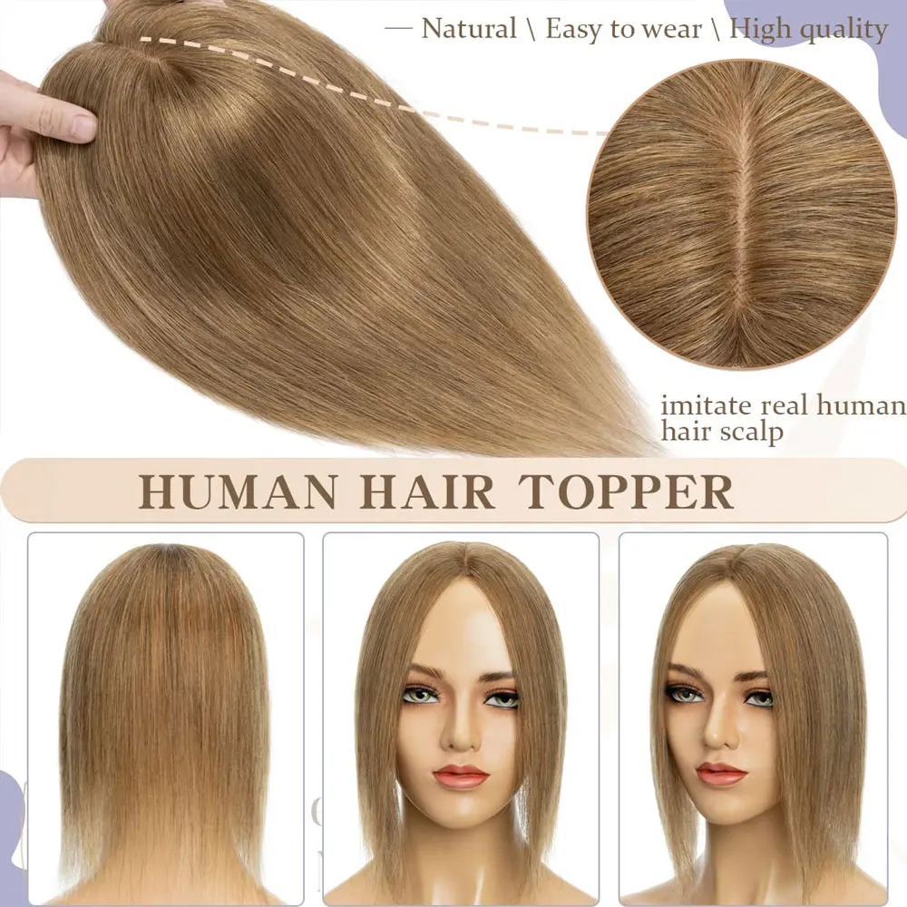 Topper Hiar Piece Silk Base Topper Human Hair for Women 130%Density Hand-made Clip in Toppers Top Hairpiece Middle Part Top Hair