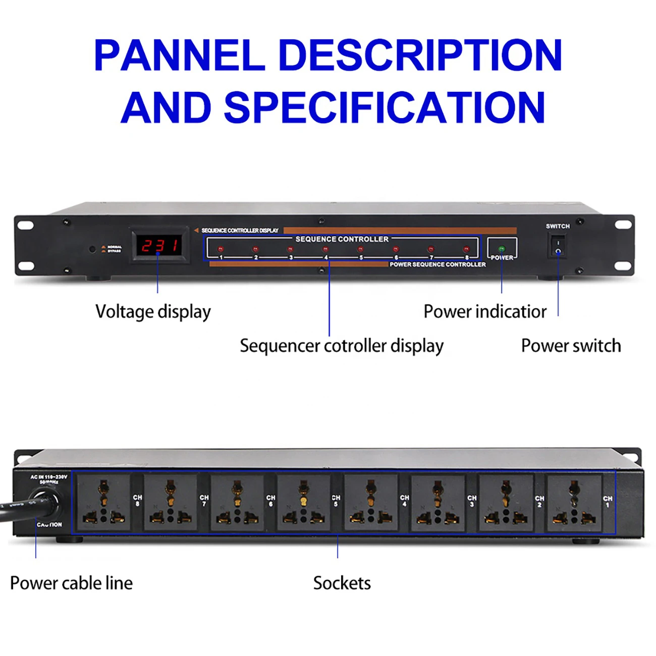 Controlador de sequência de energia do sistema de som DJ de 8 canais com display para equipamento de palco de som ao vivo Ktv