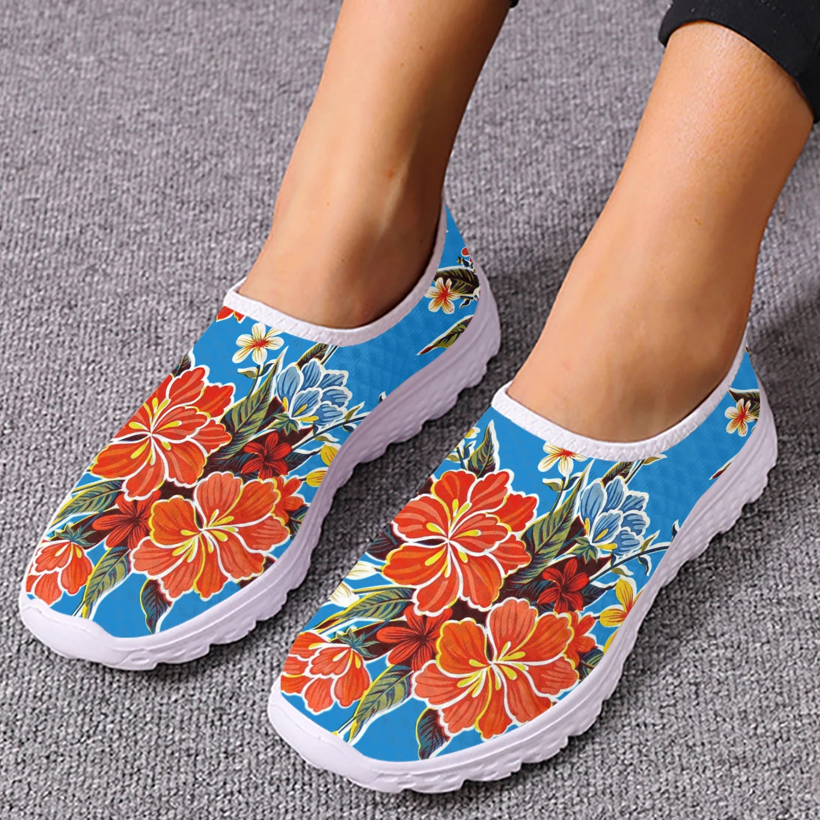 INSTANTARTS Colorful Tropical Flower With Bird of Paradise Painting Flat Shoes for Lady Light Soft Mesh Sneakers Slip-on Loafers