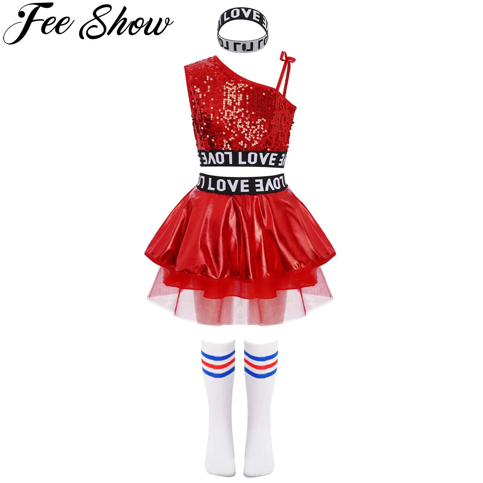 

Одежда для джазовых танцев в стиле хип-хоп для девочек, жилет без рукавов с блестками и металлической юбкой-пачкой, повязка для волос, носки, уличная танцевальная одежда для черлидинга