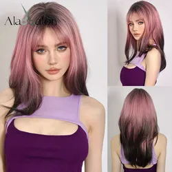 ALAN EATON Pink to Brown Synthetic Wigs Long Layered Wig with Bangs Ombre Straight Hair for Women Cosplay Party High Temperature