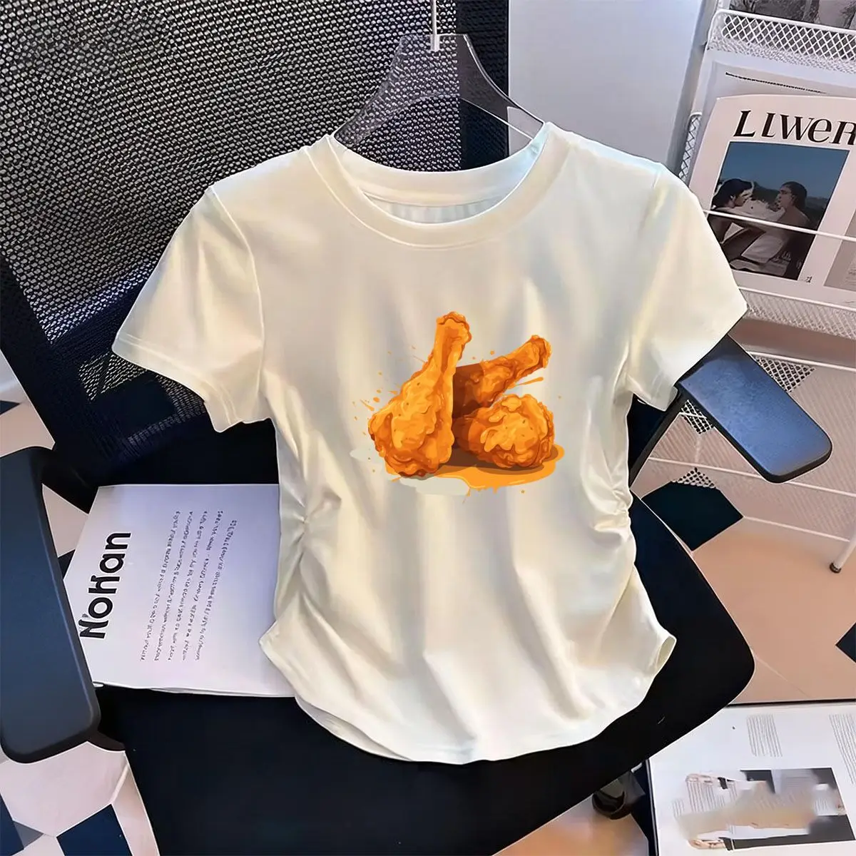 Camiseta elástica que define la cintura para mujer, camiseta con estampado de muslos de pollo crujientes y picantes, camiseta de manga corta con cuello redondo, camiseta Harajuku