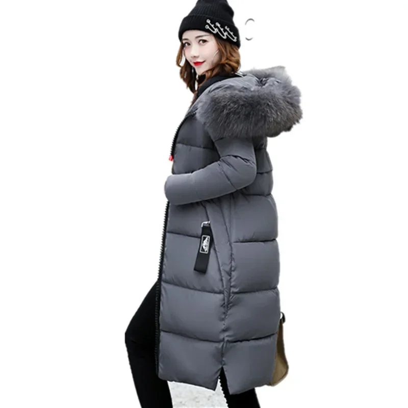 2025 Women's Down Parkas Winter Jacket Big Fur Collar Thick Slim Coat Fashion Hooded Cotton Outerwear Long Autumn Woman Jacket