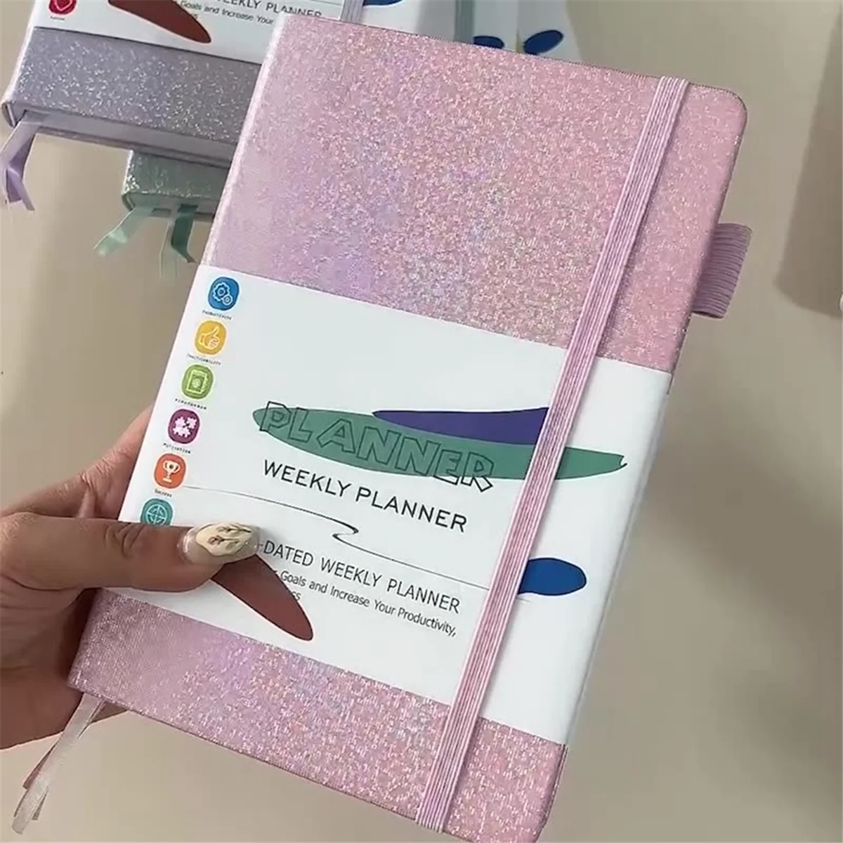 A5 Notebook Paper Diary Notebook with Elastic Strap and Journal Stickers Pink