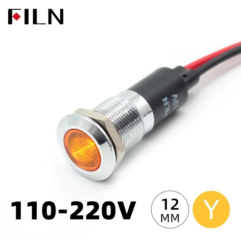 FILN 12mm 12V-24V 110-220V Metal Panel Pilot LED Dashboard Signal Indicator Warning Light with Chromed Cable for Car Boat Marine