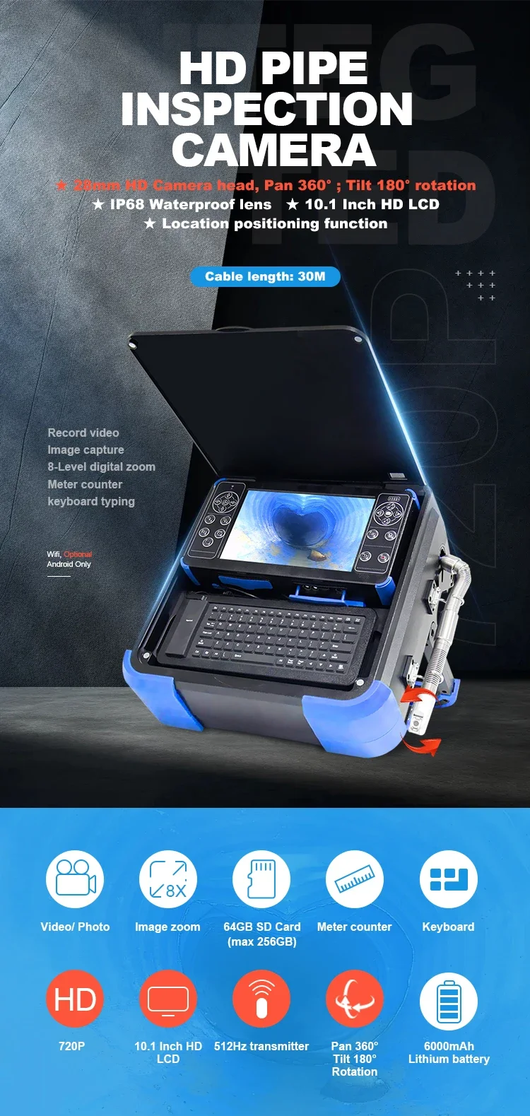 متوفر في المخزون Wopson HD 28 مللي متر كاميرا فحص الأنابيب المائلة 512 هرتز محدد كاميرا الصرف الصحي 360 CMOS الاستشعار SD بطاقة تخزين H.265 فيديو #3