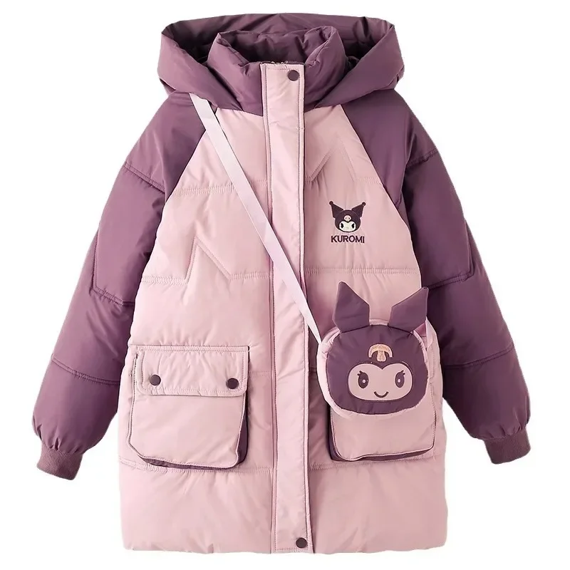 Sanrio Kuromi down Jacket for Girls 2024 Winter Teenagers Cotton Padded Warm Coat with Bag Kids Hooded Windproof Thicken Outwear