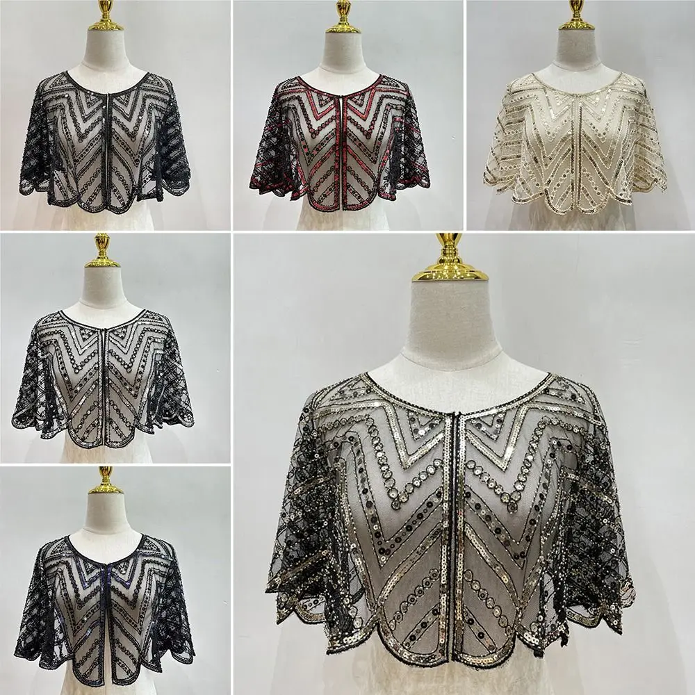 

Винтажная шаль в стиле 1920-х годов, с вышивкой, из дышащей сетки, для вечеринок, короткая, с бисером, женская