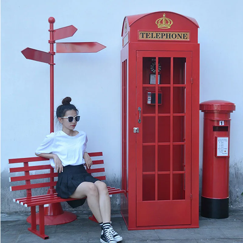 Telephone Booth Set Chair Post Box Mailbox Iron Model Decoration Home