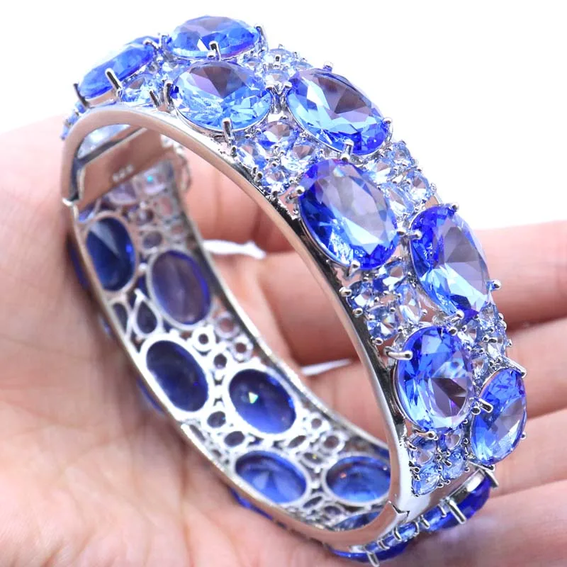 24x20mm Eye Catching 51.2g Big Size Pink Kunzite Blue Aquamarine Violet Tanzanite Iolite Silver Bangle Bracelet 7.5inch