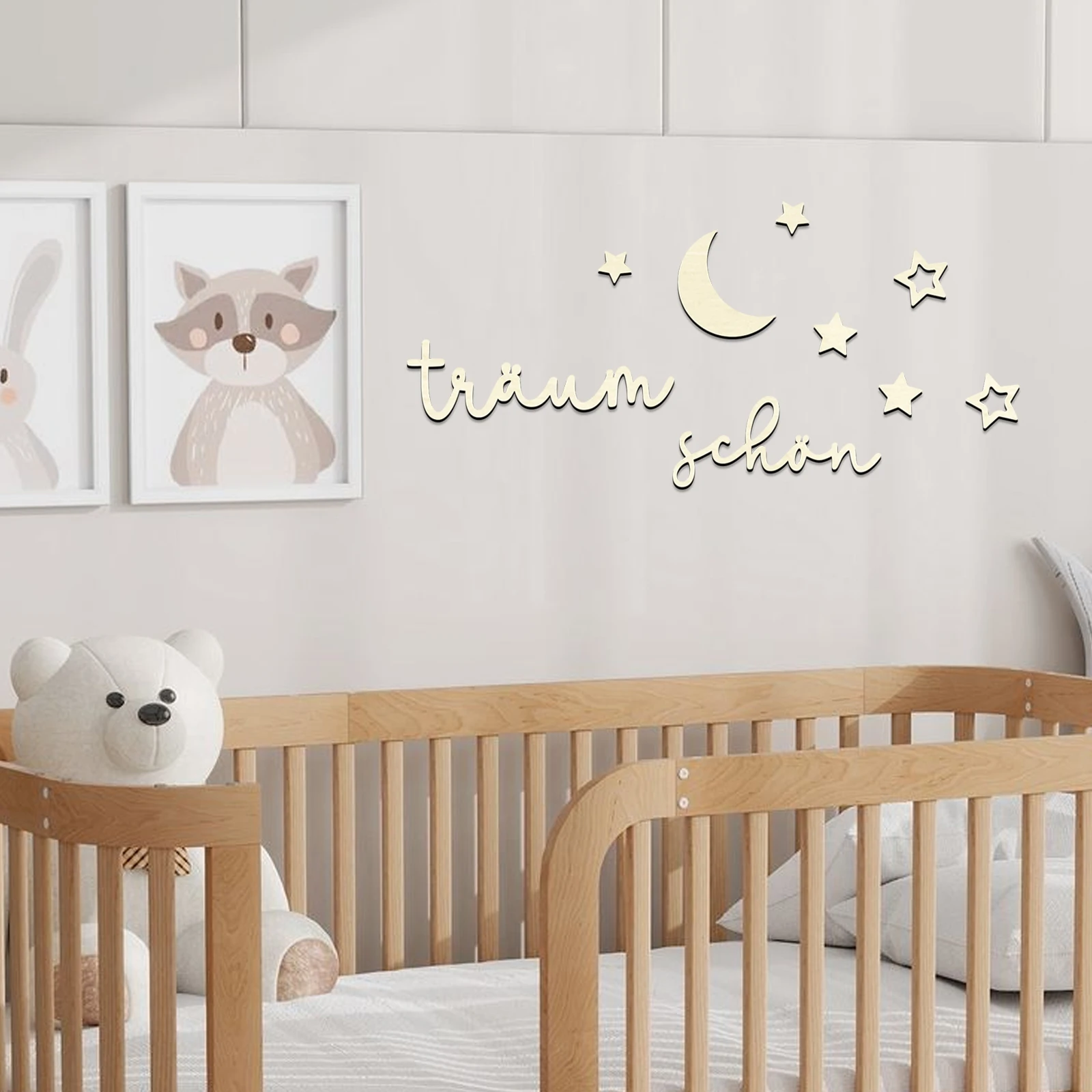 

Träum Schön Wooden Wall Sign with Moon and Stars - German Sweet Dream Nursery Decor, Kids Room Art, Boho Bedroom Decoration