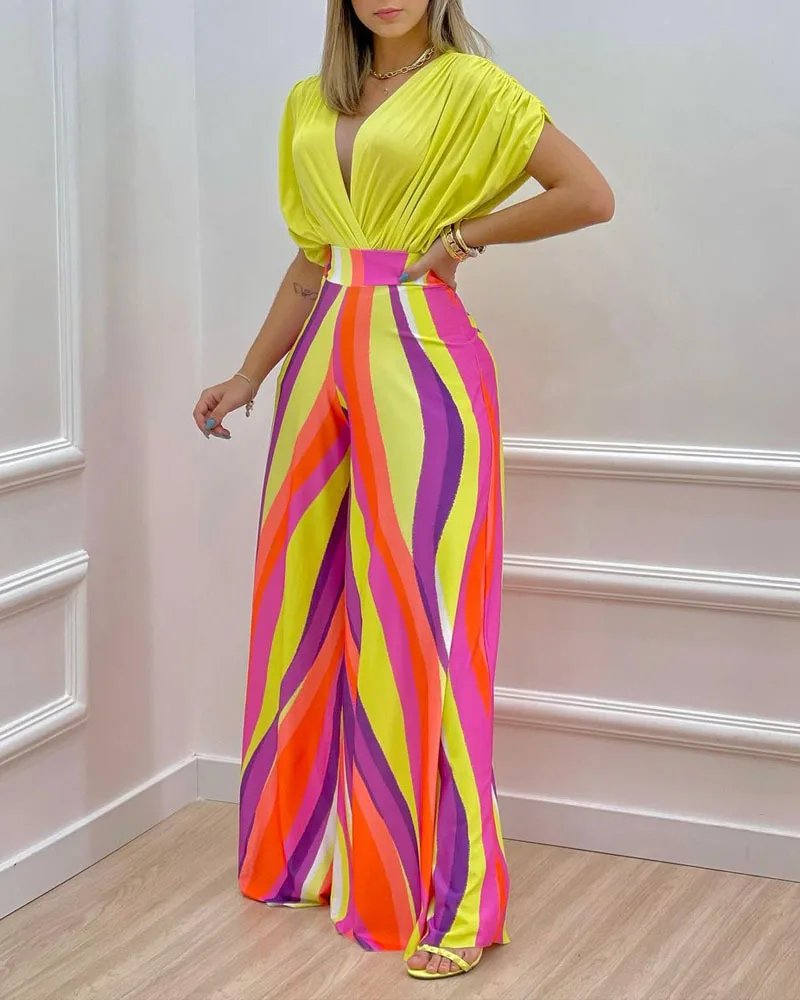 

Street Printing Casual Trousers Two Piece Set Spring Women Sleeveless V-neck Top+High Waist Loose Wide Leg Pants Summer Outfit