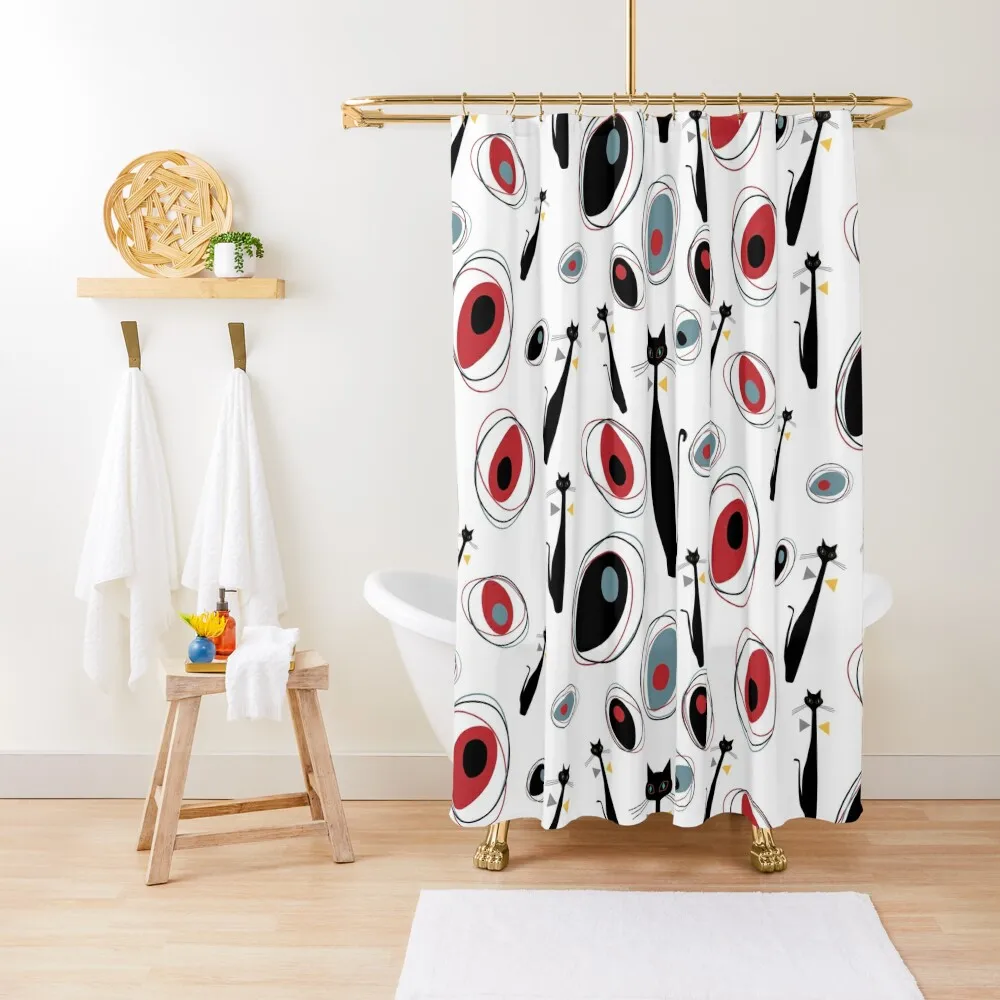 

Mid-Century Modern Art | Atomic Cats 1.0 Half-Drop Pattern Shower Curtain For Shower For Bathroom Curtain