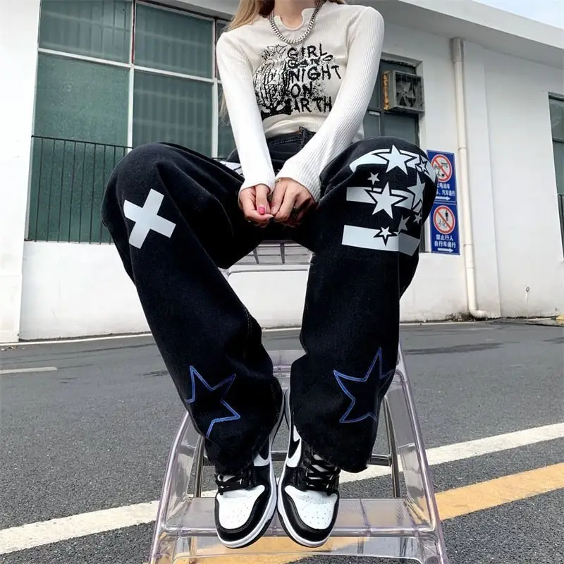 

ins high street American retro pentagram printed letters four seasons leisure jeans trousers men women can wear y2k denim jeans