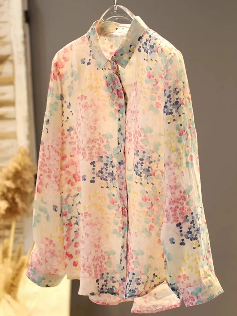 

Весенняя тонкая хлопковая рубашка для женщин: свободный крой, художественный цветочный принт, стильный дизайн, универсальная, с длинными рукавами, на пуговицах, для повседневной носки