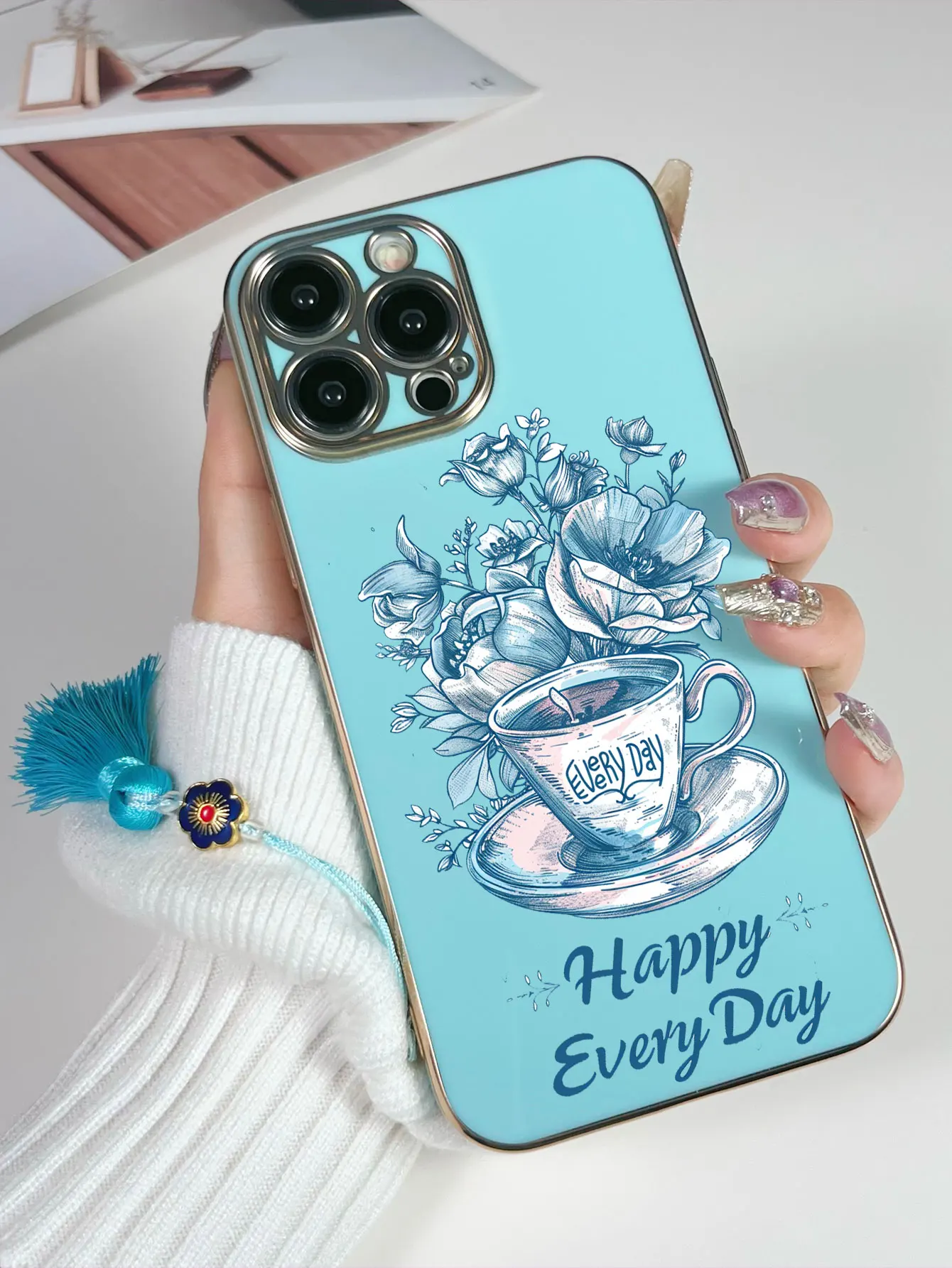 Luxo chapeamento xícara de café flor padrão borla cordão caso telefone para iphone 17 16 15 14 plus 13 12 11 pro max capa fundas