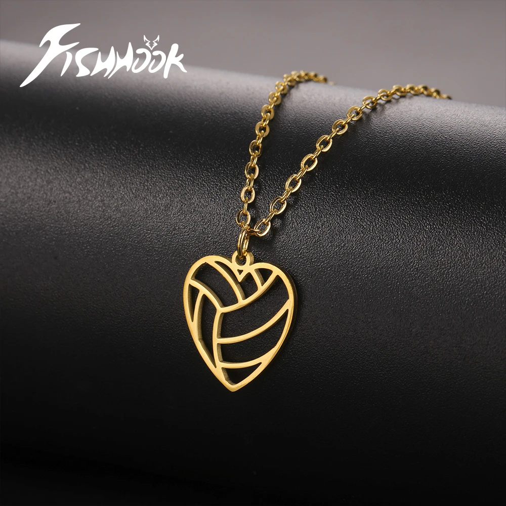 Fishhook Heart Volleyball Necklace Gift for Woman Men Kid Child Sports Pendant Chain Gold Color Stainless Steel Jewelry Fashion