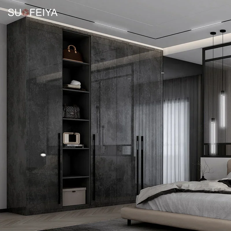 Hotel Luxury Wardrobe With Mirrored Doors Italy Style Black Wood Closet Bedroom Smart Wardrobe Cabinet