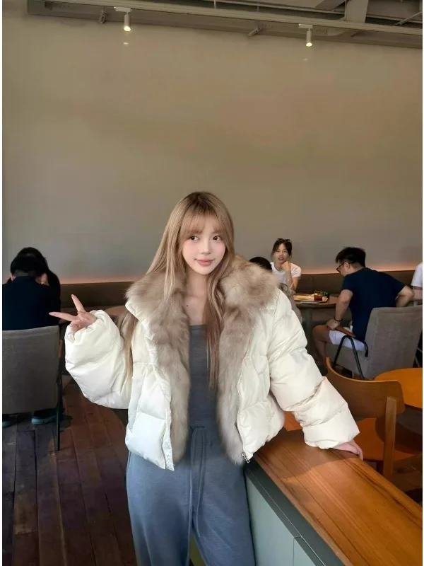 

Корейская утепленная женская хлопковая куртка с меховым воротником, теплая, объемная, осенне-зимняя, новинка