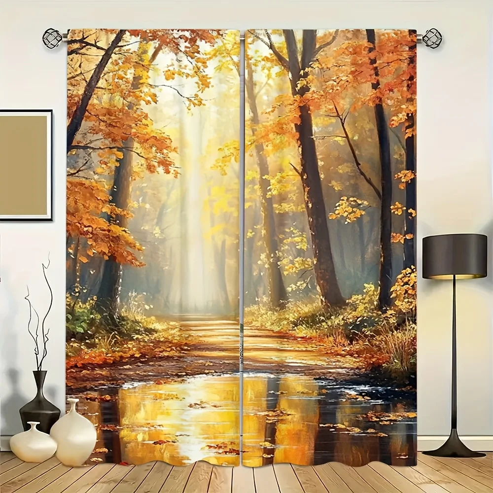 2pcs Autumn Forest River Print Curtains, 100% Polyester, Semi-Transparent, Machine Washable, Modern Art Deco Style, Rod Pocket D
